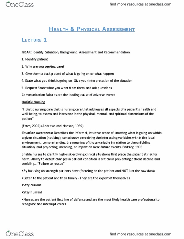 NUR1 239 Lecture Notes - Lecture 1: Situation Awareness, Nursing Process, Spinal Nerve thumbnail