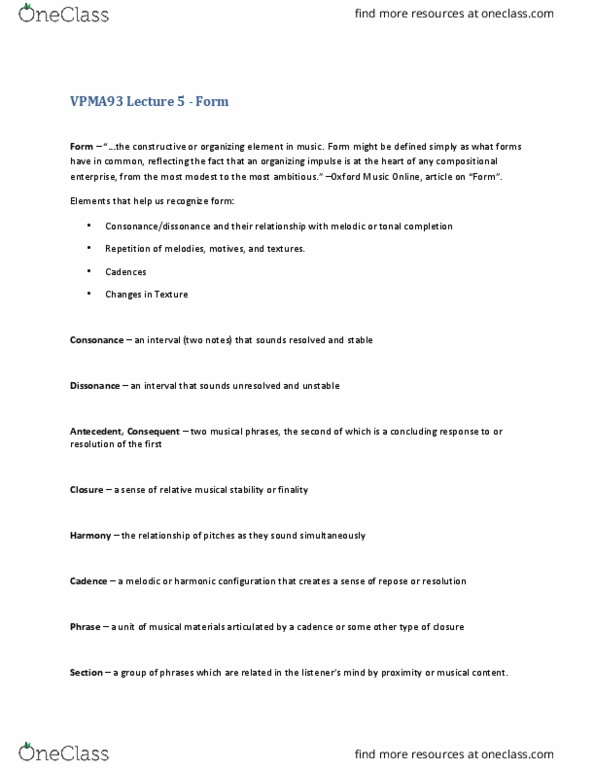 VPMA93H3 Lecture Notes - Lecture 5: Ostinato, Melodiya, Ternary Form thumbnail