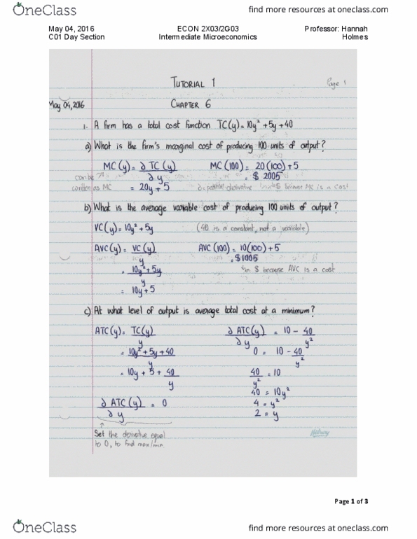 ECON 2X03 Lecture Notes - Lecture 2: Production Function, Minimax, Grenadine thumbnail