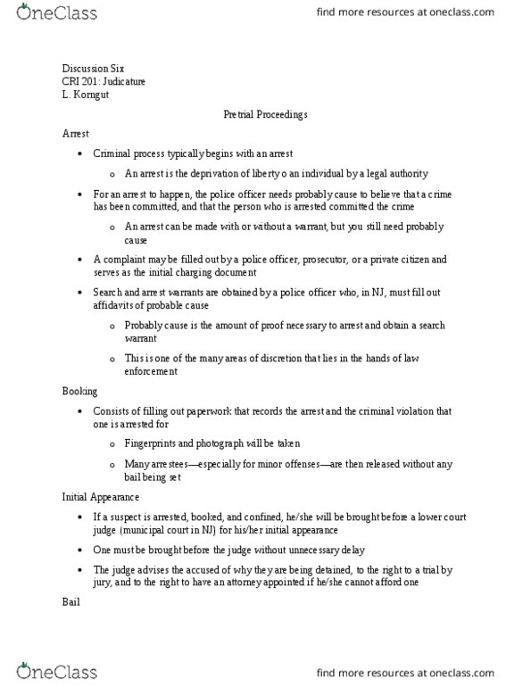 CRI 201 Lecture Notes - Lecture 6: Excessive Bail Clause, Indictment, Arrest Warrant thumbnail