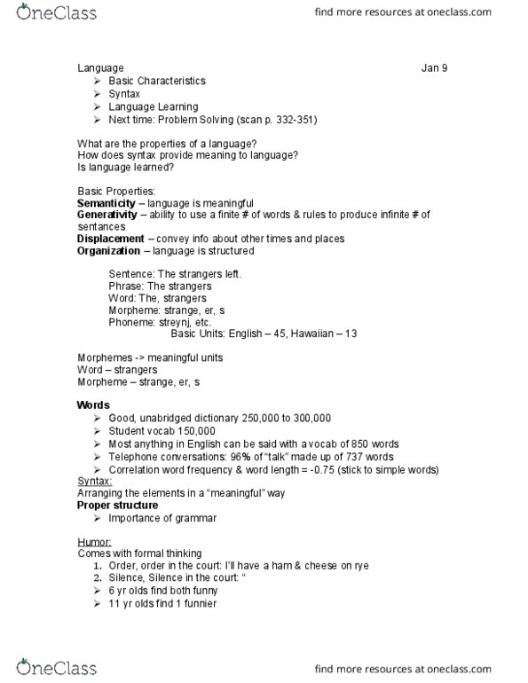 Psychology 1000 Lecture Notes - Lecture 27: Morpheme, Phoneme, Baby Talk thumbnail