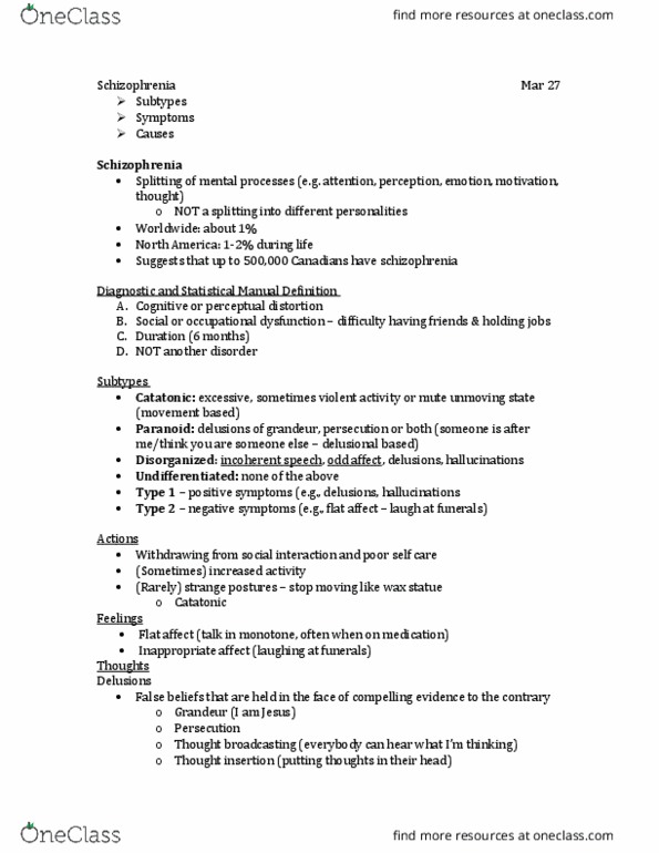 Psychology 1000 Lecture Notes - Lecture 47: Thought Insertion, Antipsychotic, Neurotransmitter thumbnail