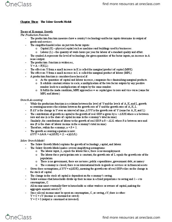 ECON302 Lecture Notes - Lecture 4: Growth Accounting, Production Function, Marginal Product thumbnail