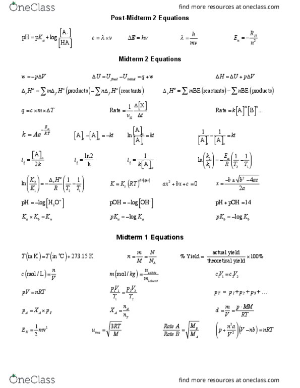 CHM 1311 Lecture 1: exam equation sheet 2015 thumbnail
