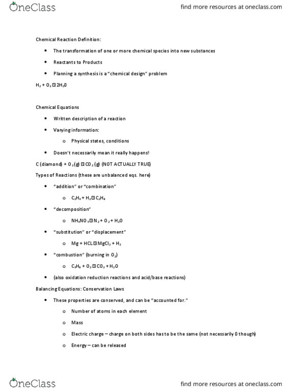 CHEM 107 Lecture Notes - Lecture 3: Ethylene, Electric Charge, Conservation Law thumbnail