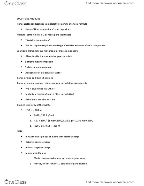 CHEM 107 Lecture Notes - Lecture 4: Aqueous Solution, Chemical Formula, Sodium Chloride thumbnail