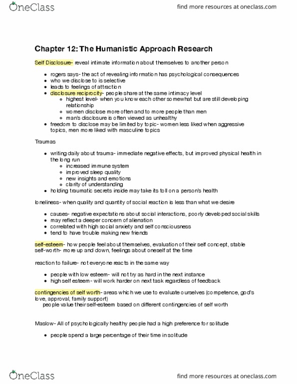 PSY 305 Lecture 12: Chapter 12- The Humanistic Approach Research thumbnail