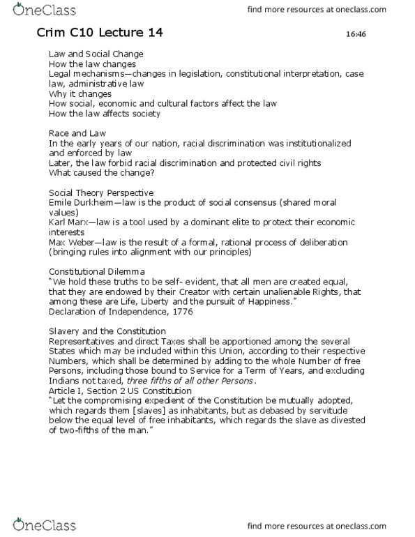 CRM/LAW C10 Lecture Notes - Lecture 14: Indentured Servant, Fifteenth Amendment To The United States Constitution, Fourteenth Amendment To The United States Constitution thumbnail