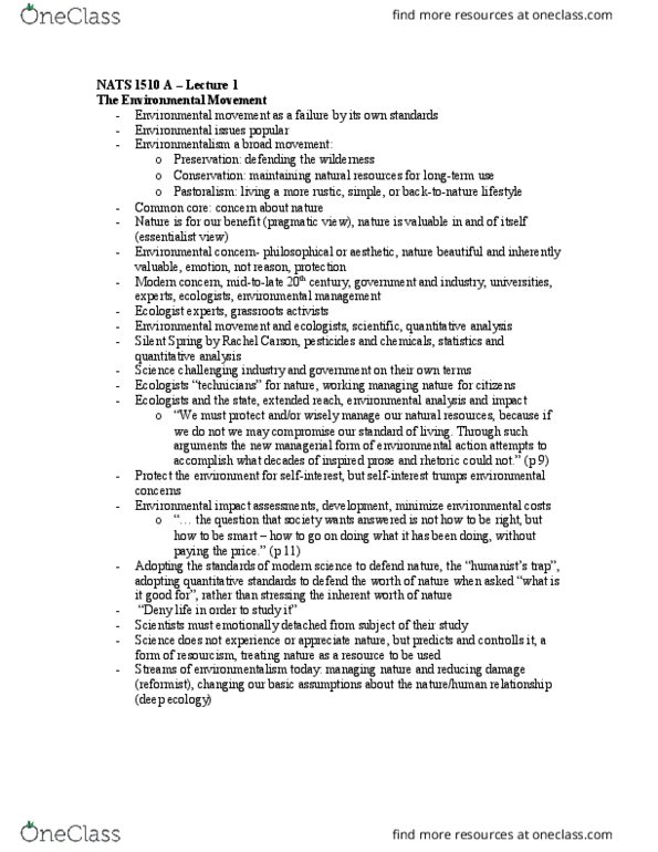 NATS 1510 Lecture Notes - Lecture 1: Deep Ecology, Rachel Carson, Environmental Movement thumbnail