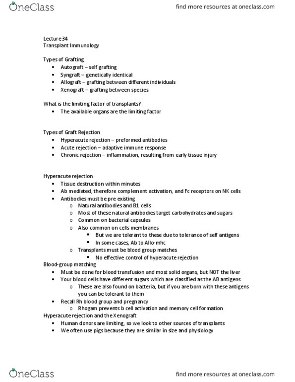 Microbiology and Immunology 3300B Lecture Notes - Lecture 34: Heart Valve, Mhc Class I, Histocompatibility thumbnail