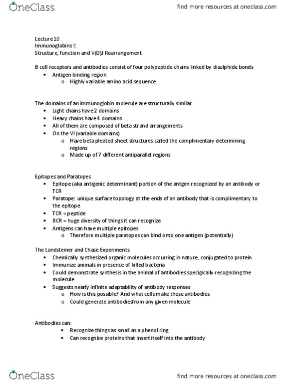 Microbiology and Immunology 3300B Lecture Notes - Lecture 10: Beta Sheet, Antibody, Epitope thumbnail