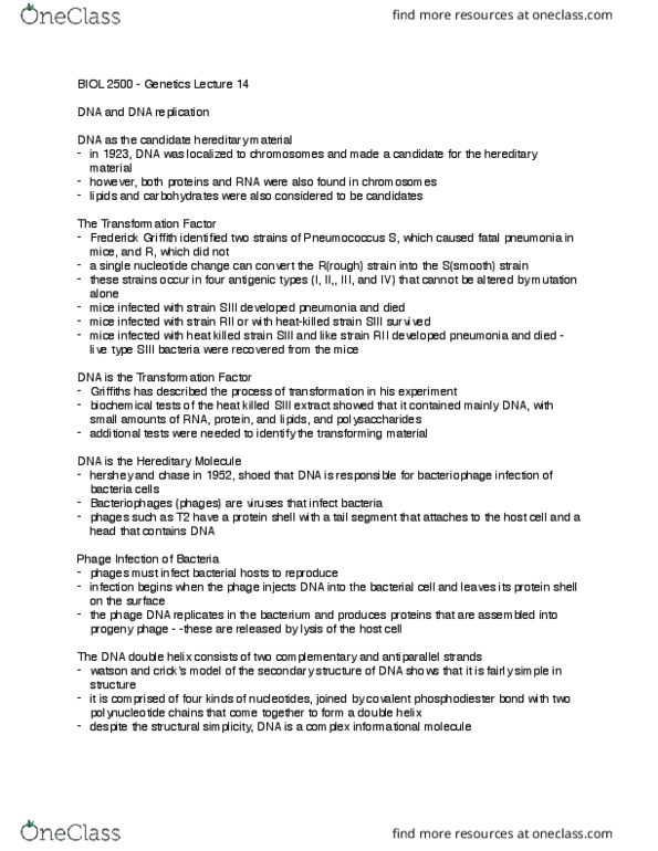 BIOL 2500 Lecture Notes - Lecture 14: Purine, Cytosine, Base Pair thumbnail