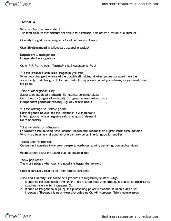 ECON 208 Lecture Notes - Lecture 4: Takers, Ceteris Paribus, Demand Curve thumbnail