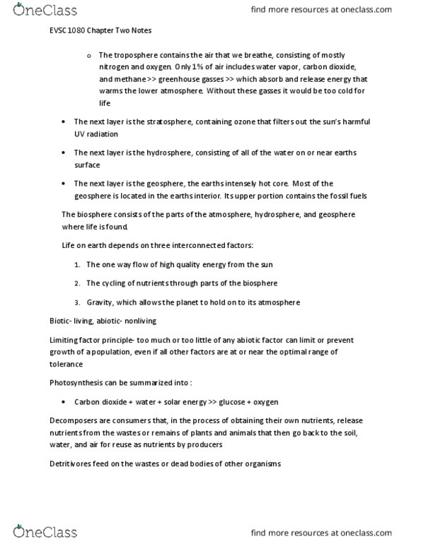 EVSC 1080 Chapter Notes - Chapter 2: Decomposer, Detritivore, Limiting Factor thumbnail