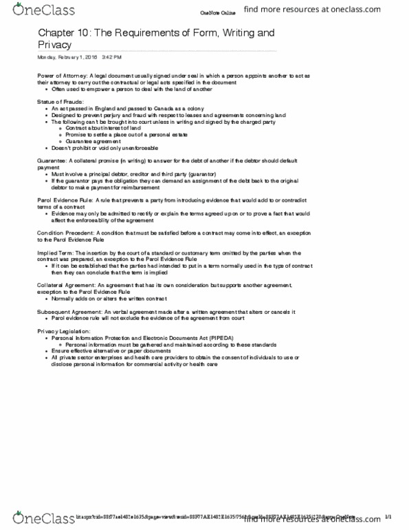 Management and Organizational Studies 2275A/B Chapter Notes - Chapter 10: Parol Evidence Rule, Perjury, Microsoft Onenote thumbnail