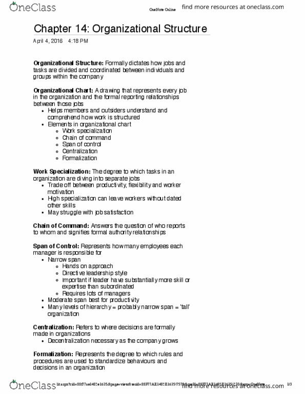 Management and Organizational Studies 2181A/B Chapter Notes - Chapter 14: Flat Organization, Organizational Commitment, Complex Differential Form thumbnail