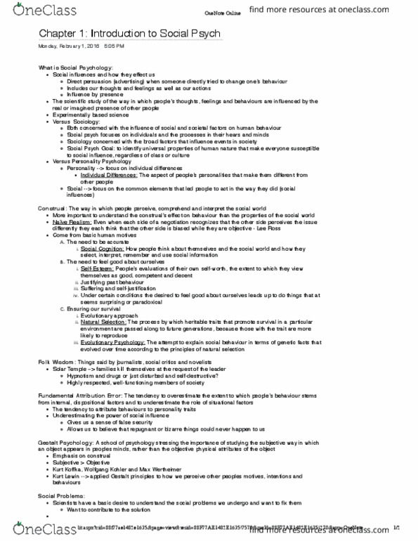 Psychology 2070A/B Chapter Notes - Chapter 1: Universal Property, Construals, Microsoft Onenote thumbnail