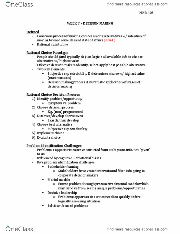 MHR 405 Lecture Notes - Lecture 7: Prospect Theory, Confirmation Bias, Satisficing thumbnail