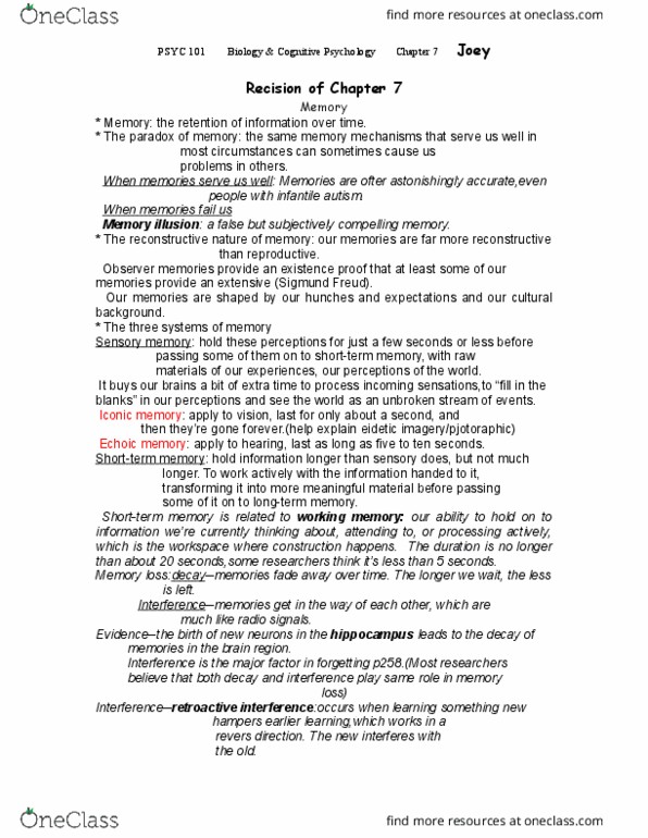 PSYC 101 Lecture Notes - Lecture 7: Episodic Memory, Childhood Amnesia, Anterograde Amnesia thumbnail