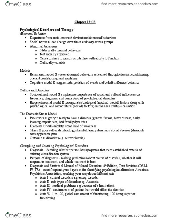 PSYC 100 Chapter Notes - Chapter 12-13: Hypochondriasis, Dyskinesia, Dissociative Disorder thumbnail