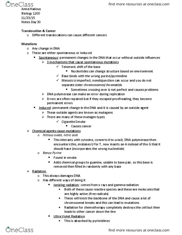 BIOL 100 Lecture Notes - Lecture 7: Mutagen, Nondisjunction, Meiosis thumbnail