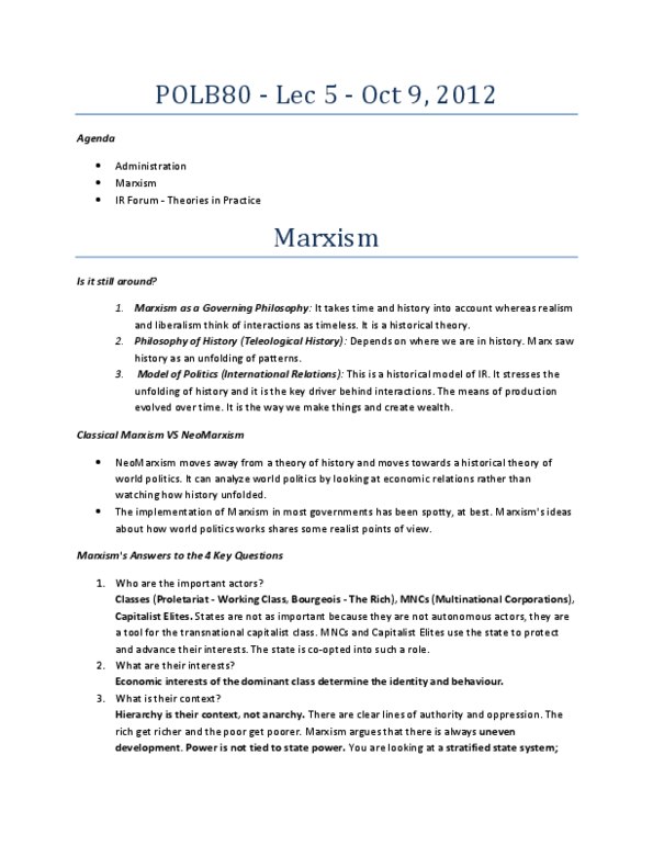 POLB80H3 Lecture Notes - Security Dilemma, Situation Two, Classical Marxism thumbnail