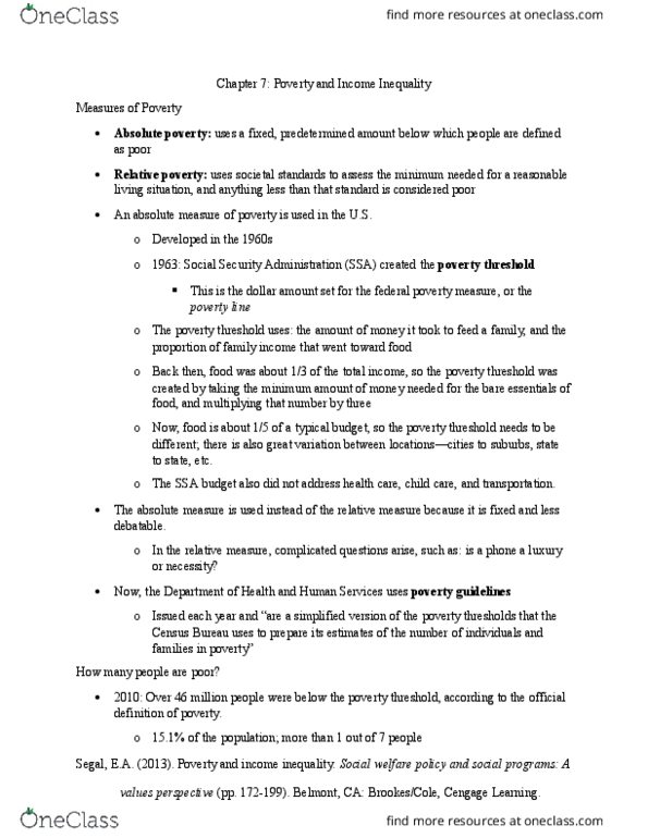 SW 307 Chapter Notes - Chapter 7: Working Poor, Social Security Administration, Social Programs In The United States thumbnail