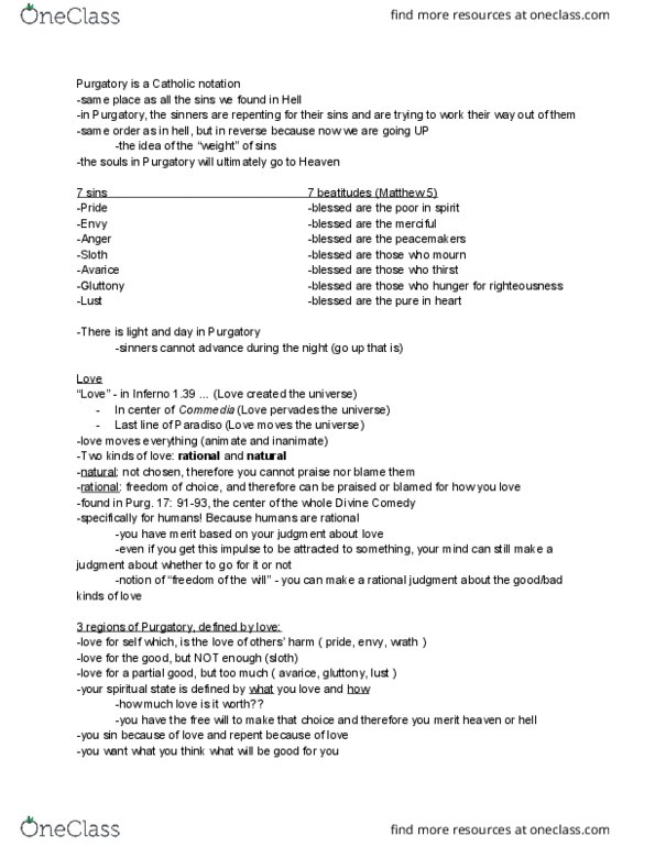 HUM 2 Lecture Notes - Lecture 25: Pagan Poetry, Beatitudes, Purgatorio thumbnail