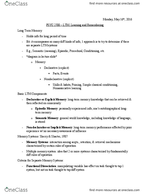 PSYC 2700 Lecture Notes - Lecture 5: Implicit Memory, Classical Conditioning, Endel Tulving thumbnail