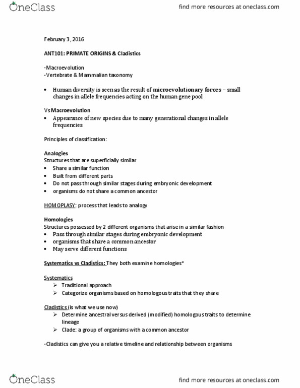 ANT101H5 Lecture Notes - Lecture 9: Cladistics, Allele Frequency, Macroevolution thumbnail