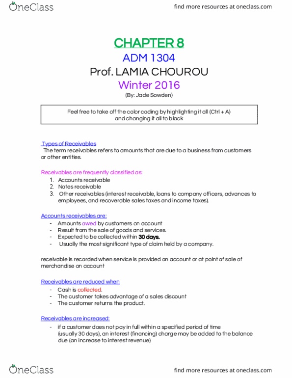 ADM 1340 Lecture Notes - Lecture 8: Accounts Receivable, Financial Statement, Securitization thumbnail