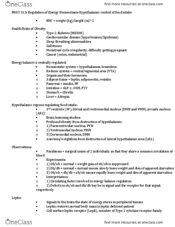 PHGY 313 Lecture Notes - Lecture 1: Lateral Hypothalamus, Leptin Receptor, Ventromedial Nucleus Of The Hypothalamus thumbnail