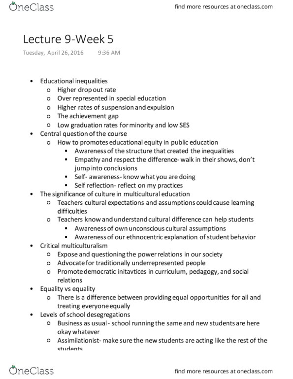 EDUC 124 Lecture Notes - Lecture 9: Educational Equity, Self-Awareness, Berkley High School thumbnail