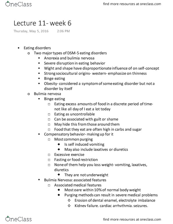 PSY BEH 102C Lecture Notes - Lecture 11: Bulimia Nervosa, Binge Eating Disorder, Binge Eating thumbnail