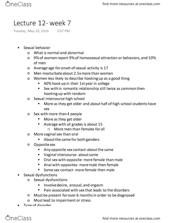 PSY BEH 102C Lecture Notes - Lecture 12: Hypoactive Sexual Desire Disorder, Sexual Intercourse, Sexual Dysfunction thumbnail