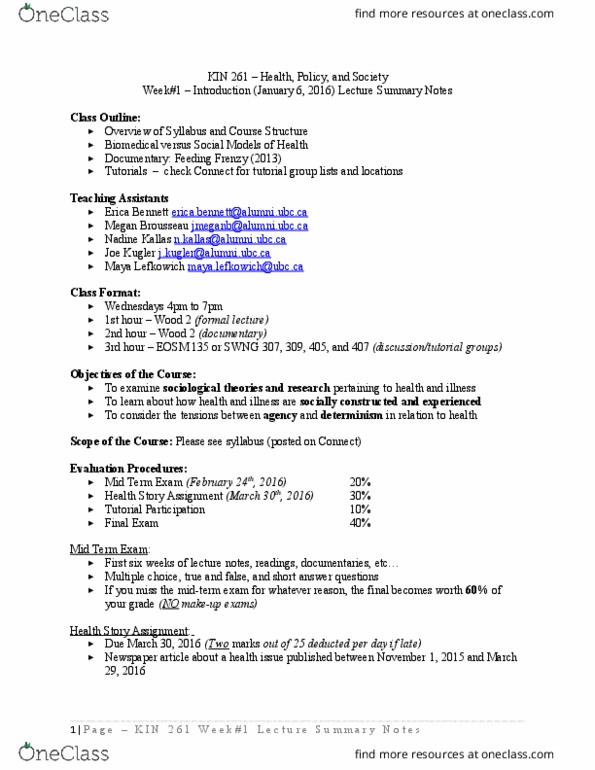 KIN 261 Lecture Notes - Lecture 1: Erica, Multiple Choice, Monologist thumbnail