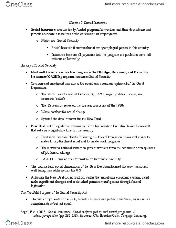 SW 307 Chapter Notes - Chapter 9: Franklin D. Roosevelt, Social Insurance, Direct Relief thumbnail