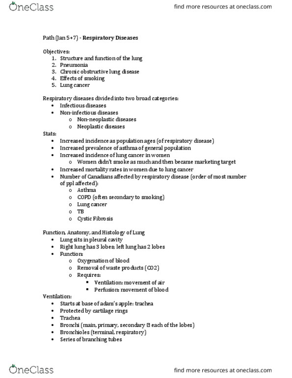 Pathology 3245B Lecture Notes - Lecture 7: Obstructive Lung Disease, Cystic Fibrosis, Lung Cancer thumbnail