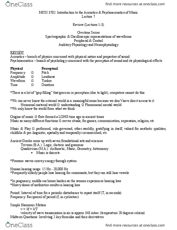 MUSI 3702 Lecture Notes - Lecture 7: Psychoacoustics, The Peripheral, Joseph Sauveur thumbnail