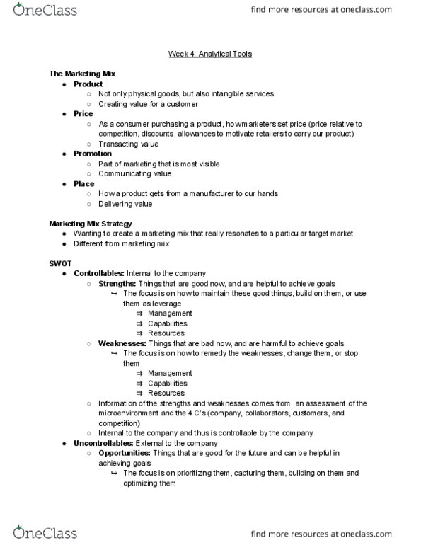 MKT 310 Lecture Notes - Lecture 4: Marketing Mix, Target Market, Swot Analysis thumbnail