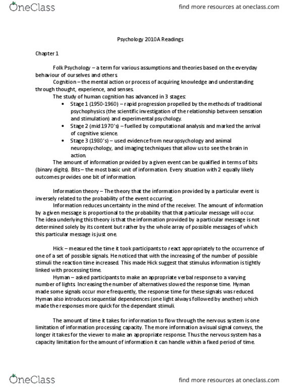 Psychology 2015A/B Chapter Notes - Chapter 1: Information Theory, Cognitive Psychology, Experimental Psychology thumbnail