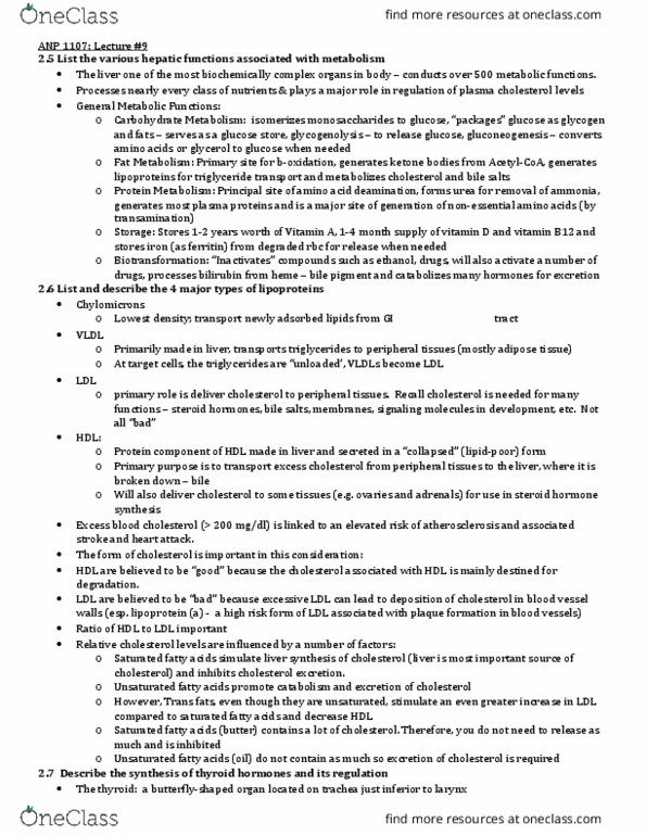 ANP 1107 Lecture Notes - Lecture 9: Bile Acid, Adipose Tissue, Lipoprotein thumbnail