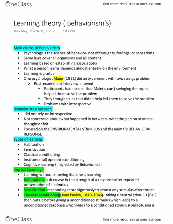 PSY BEH 11B Lecture Notes - Lecture 2: Behaviorism, Habituation, Classical Conditioning thumbnail