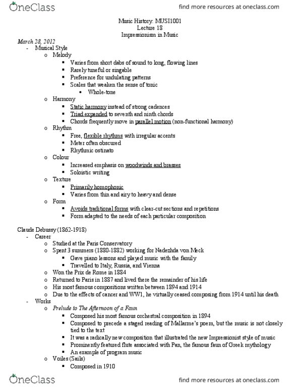 MUSI 1001 Lecture Notes - Lecture 22: Ostinato, Nadezhda Von Meck, Polytonality thumbnail