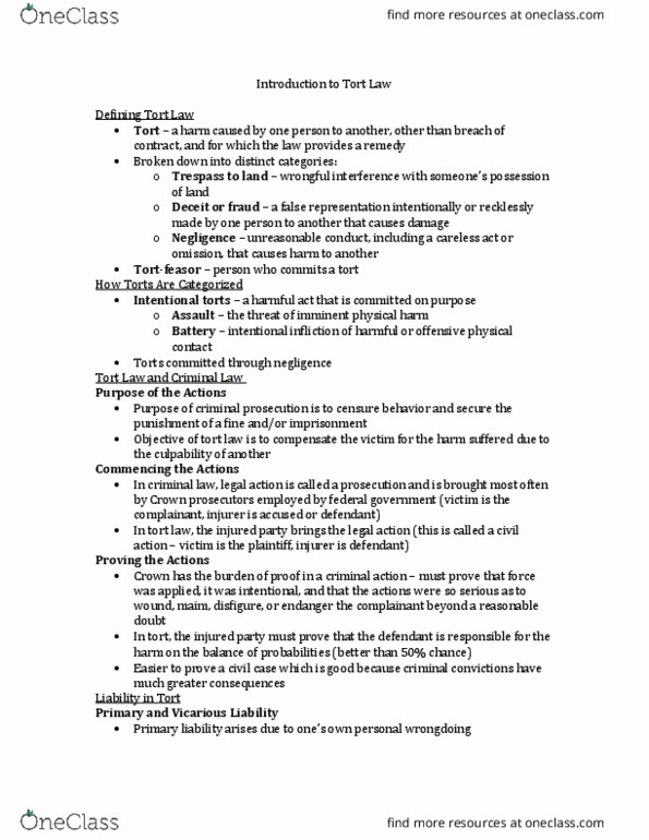 Management and Organizational Studies 2275A/B Chapter Notes - Chapter 10: Torta, Vicarious Liability, Endangerment thumbnail