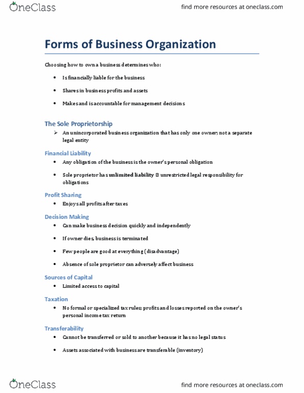 Management and Organizational Studies 2275A/B Chapter 14: Business Forms and Arrangements thumbnail