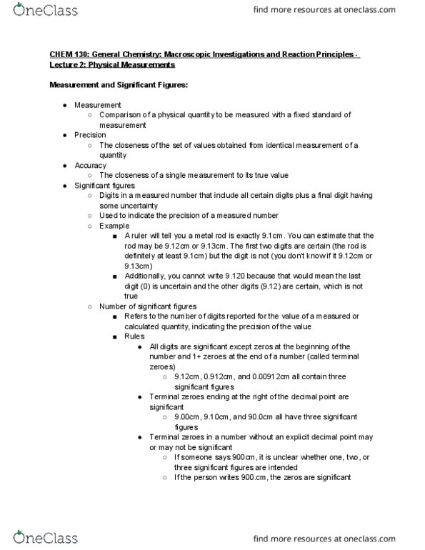 CHEM 130 Lecture Notes - Lecture 2: Significant Figures, Decimal Mark, Ampere thumbnail