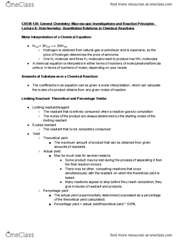 CHEM 130 Lecture Notes - Lecture 8: Limiting Reagent, Chemical Equation, Stoichiometry thumbnail