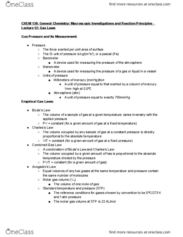 CHEM 130 Lecture Notes - Lecture 12: Pressure Measurement, Torr, Combined Gas Law thumbnail