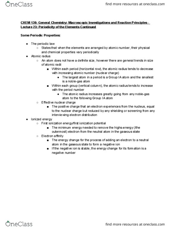 CHEM 130 Lecture Notes - Lecture 23: Atomic Number, Negative Number, Electron Affinity thumbnail